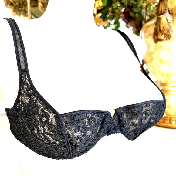 Vintage 80's Christian Dior Lace Bra with Dior Logo Monogram In Black 36B NWT - Picture 3 of 14